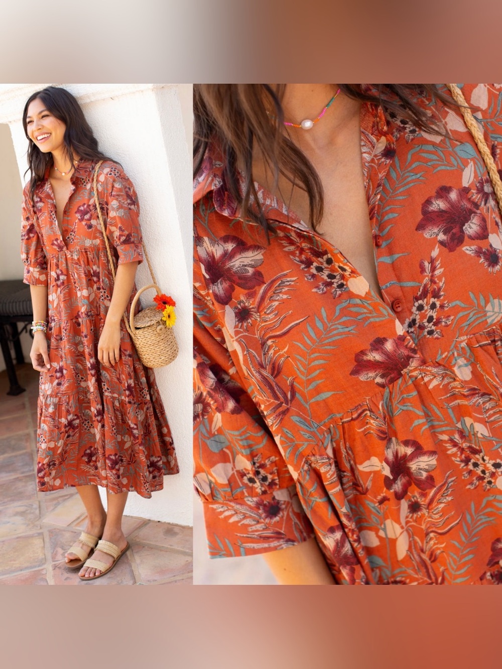 Natural Life Rebecca Midi Dress Orange Tropical Floral Sz L Resortwear Beach